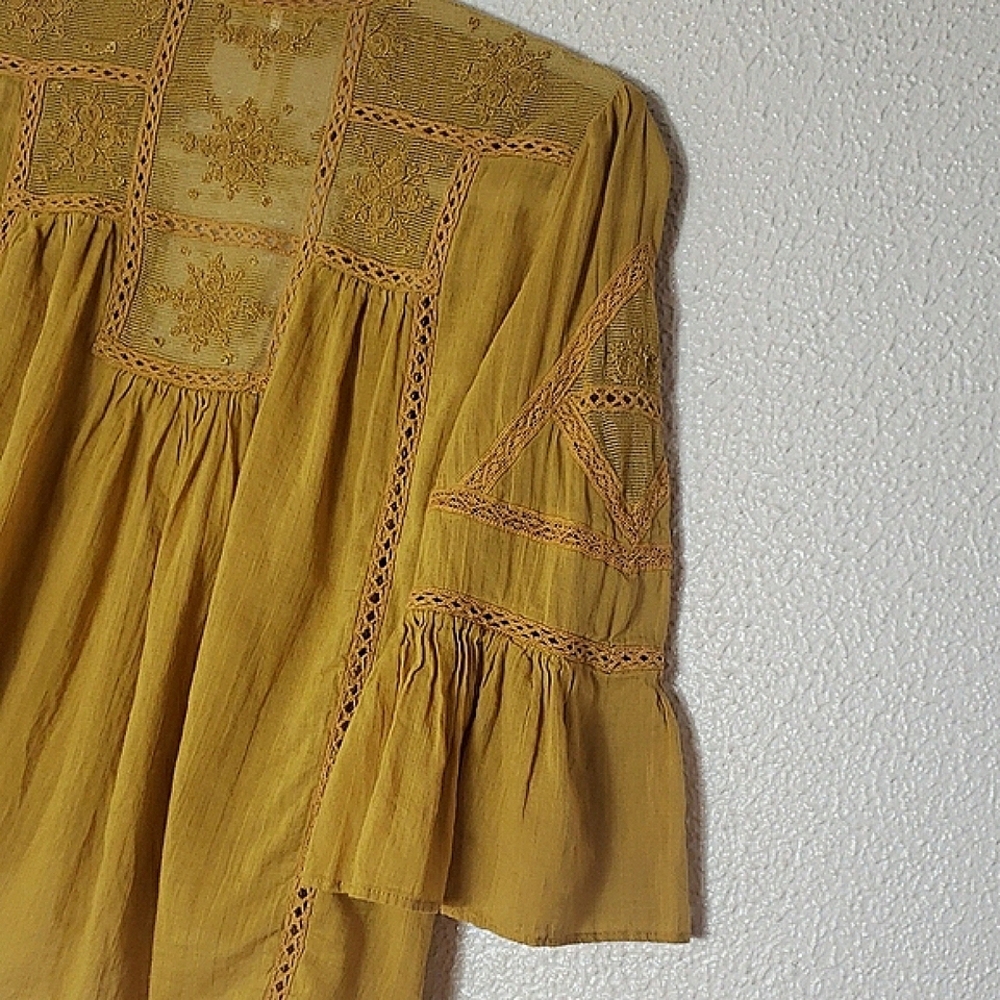 Free People Mustard Crop Top Tie Front 3/4 Bell Sleeves Lace Mesh Cotton Size S - Picture 12 of 16
